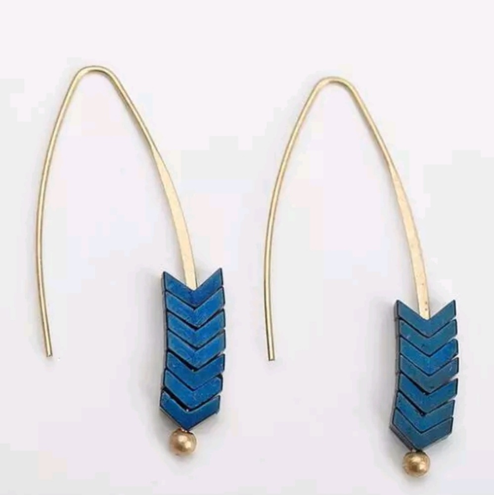 Dark Blue Boho Chevron Hematite Earrings